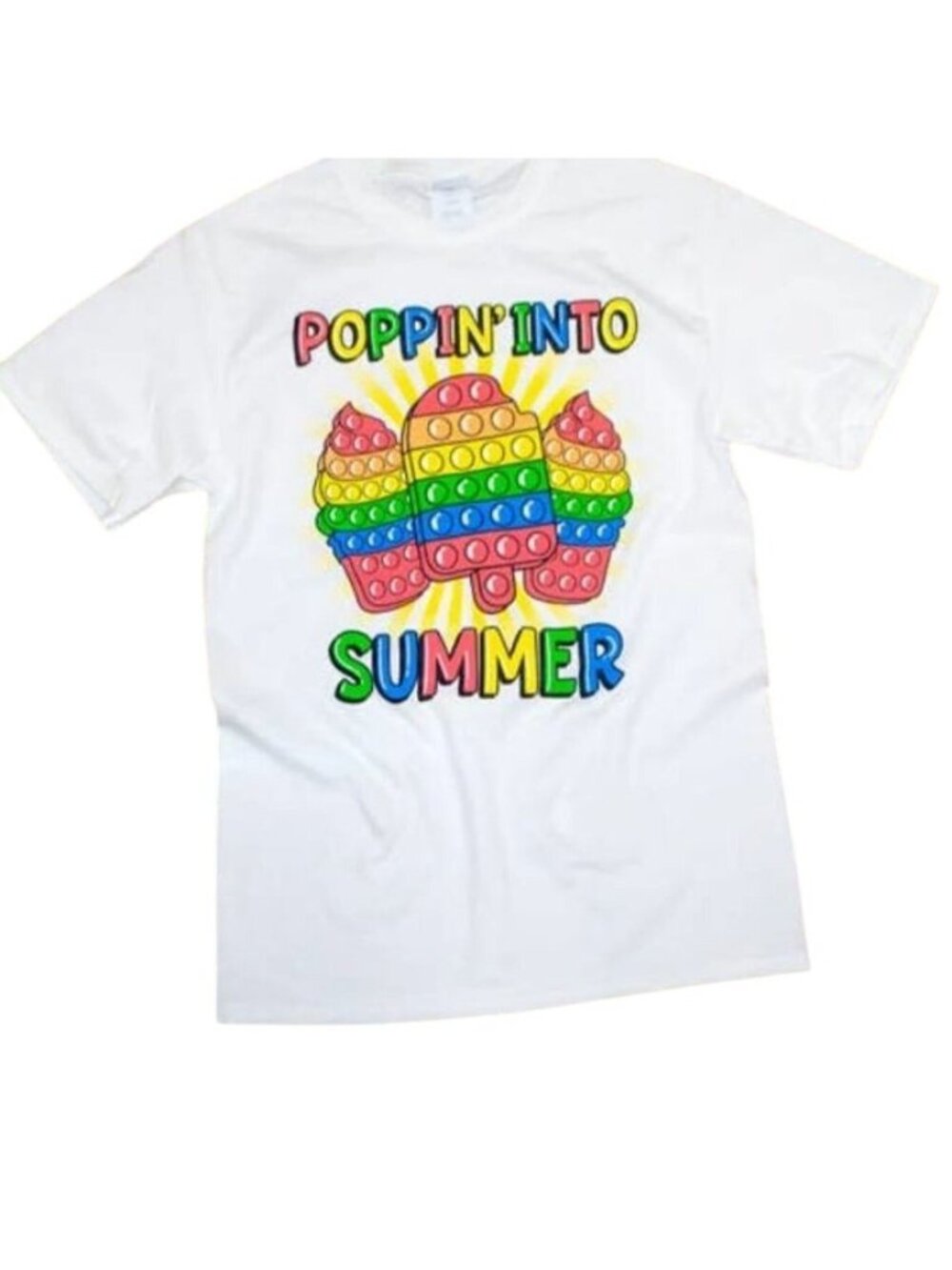 "Poppin' Into Summer" Rainbow Pop It T-Shirt - Fun & Colorful Youth Small